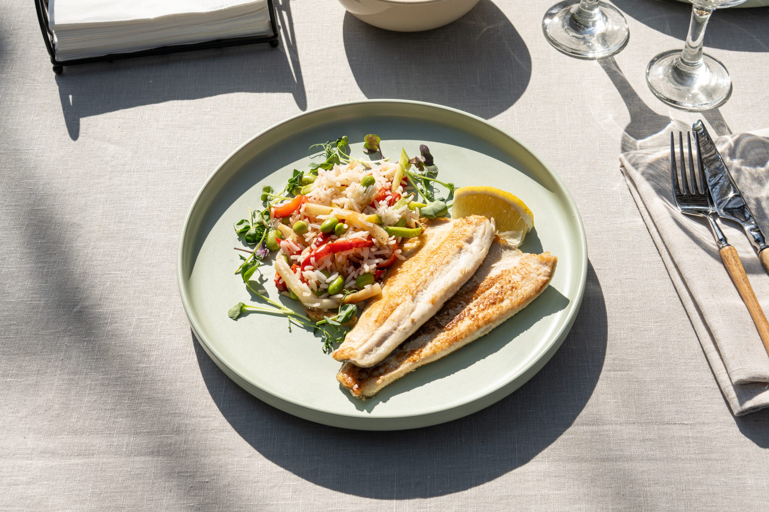 Mancare sanatoasa file pastrav cu orez si legume la Apetit Catering Cluj